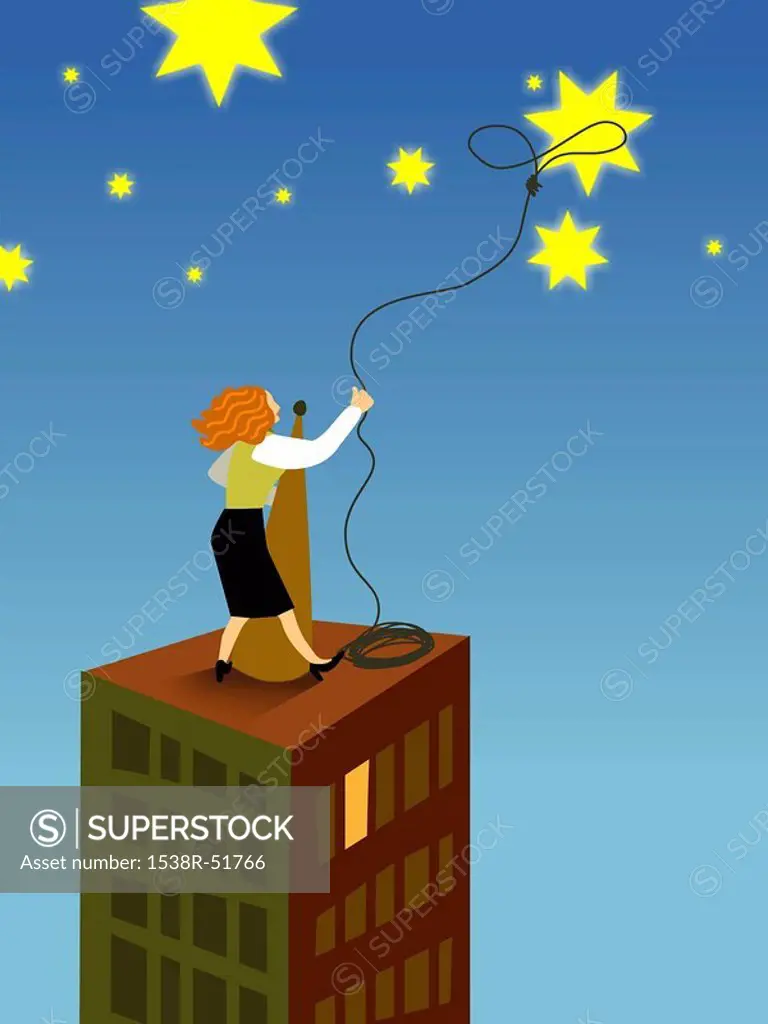 A businesswoman lassoing a star from the sky