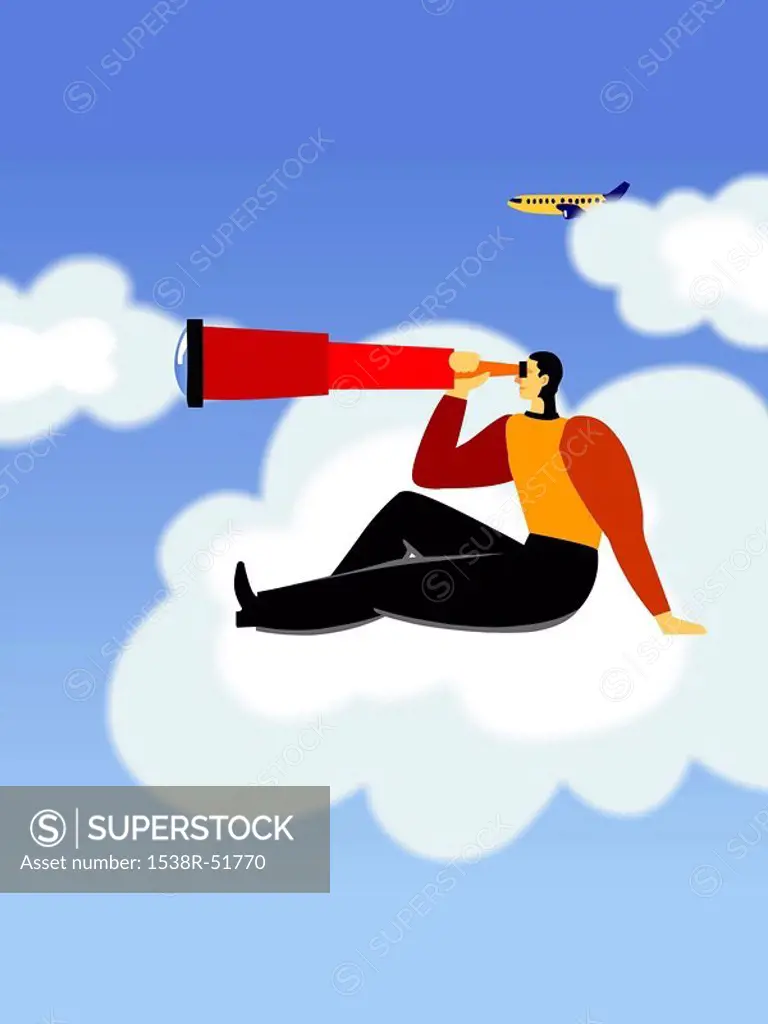 A businessman sitting on a cloud while looking in the distance through a telescope