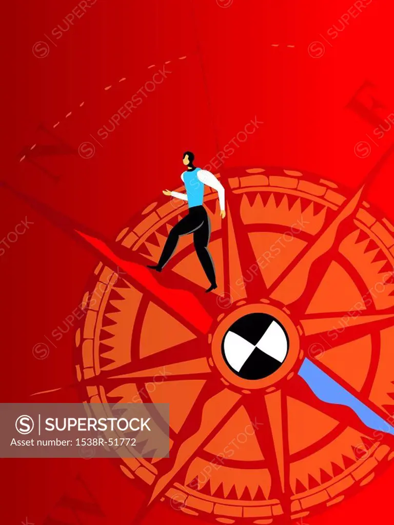 A businessman standing on a compass