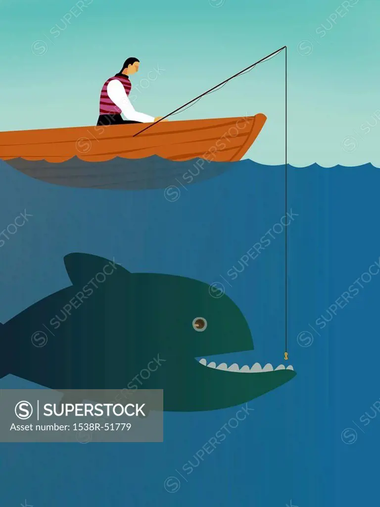 A businessman on a boat trying to catch a big fish