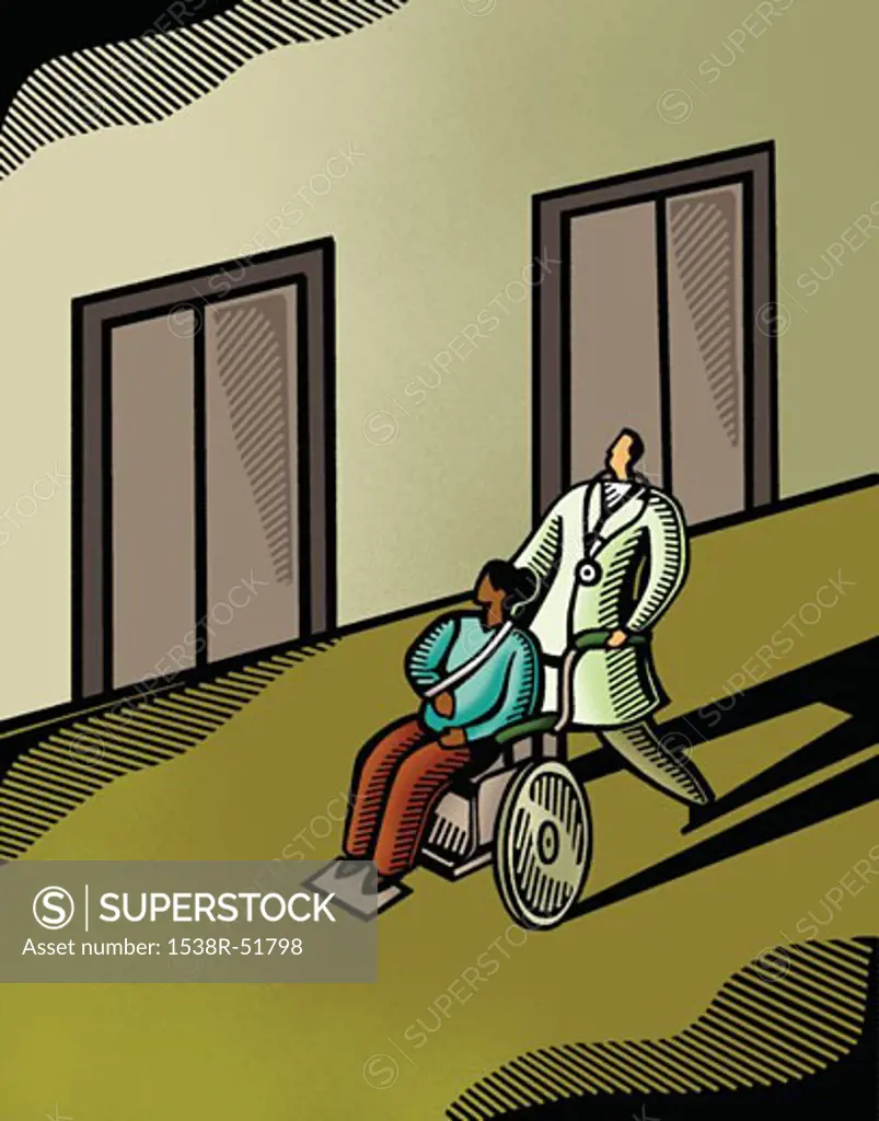 Doctor pushing a patient in a wheelchair