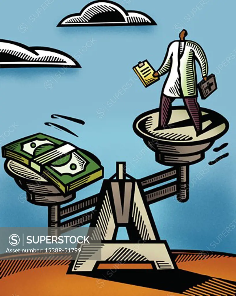 A doctor and a bundle of banknotes on the pans of a weighing scale