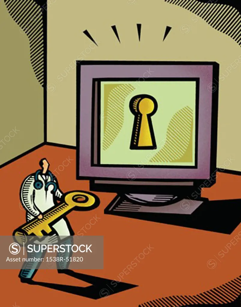 Doctor holding a giant key in front of a computer screen that has a keyhole