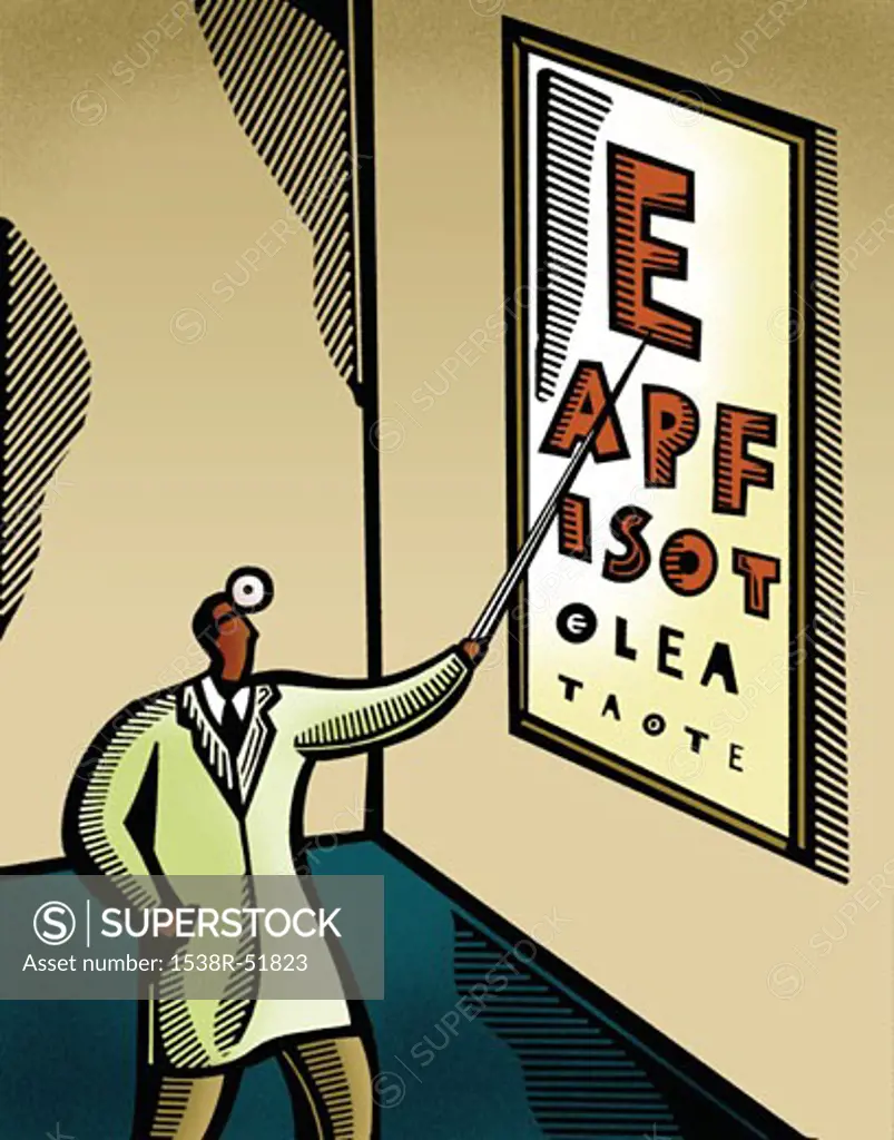 Optometrist pointing at an eye chart