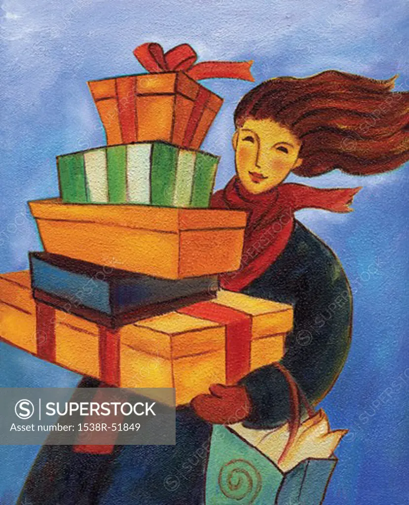 An illustration of a woman holding a large stack of presents