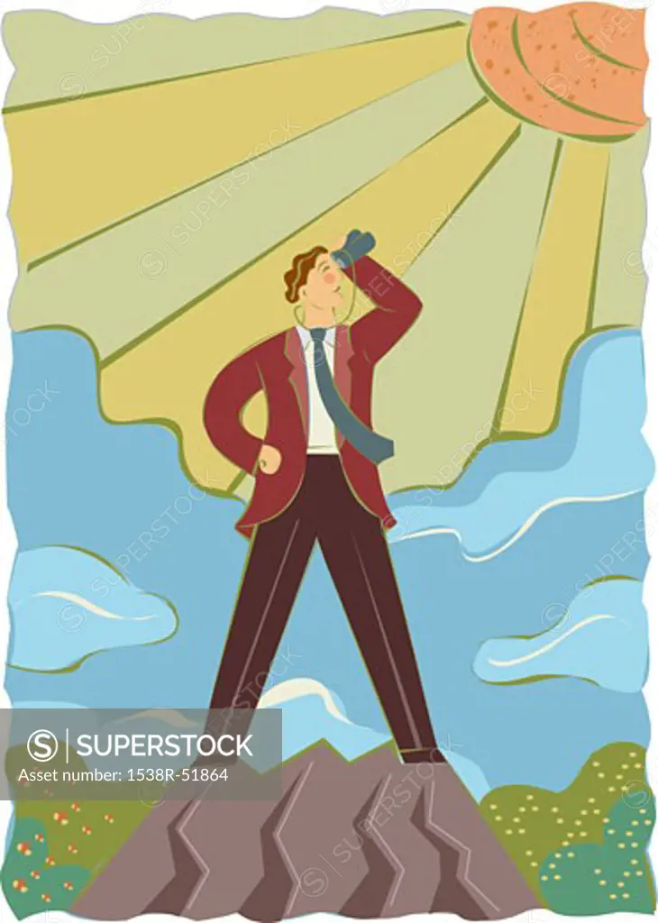 Illustration of a businessman standing on the peak of a mountain and looking towards the sun