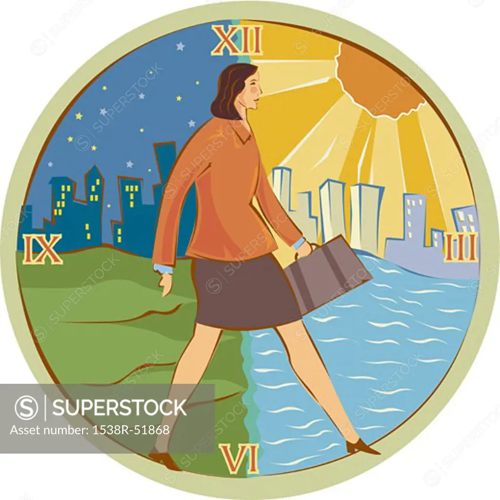 Illustration of a woman walking from night to day