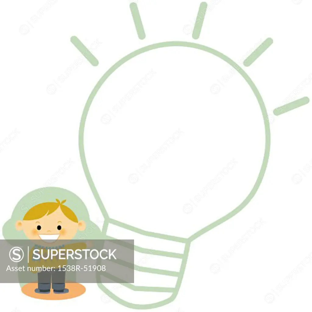 An illustration of a boy pointing to a light bulb