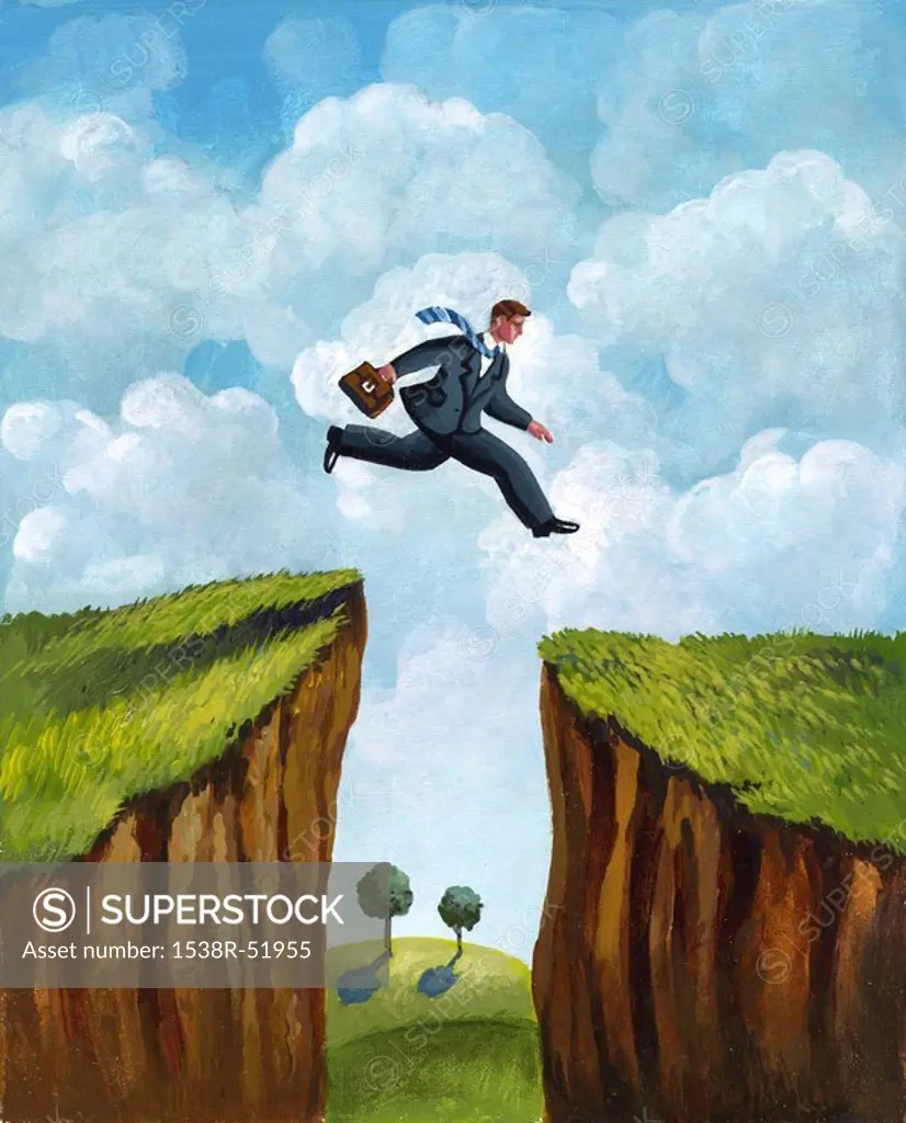 A picture of a businessman running across two cliffs