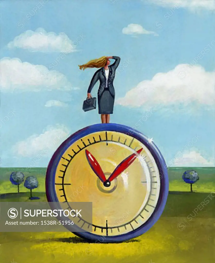 A businesswoman standing on top of a clock