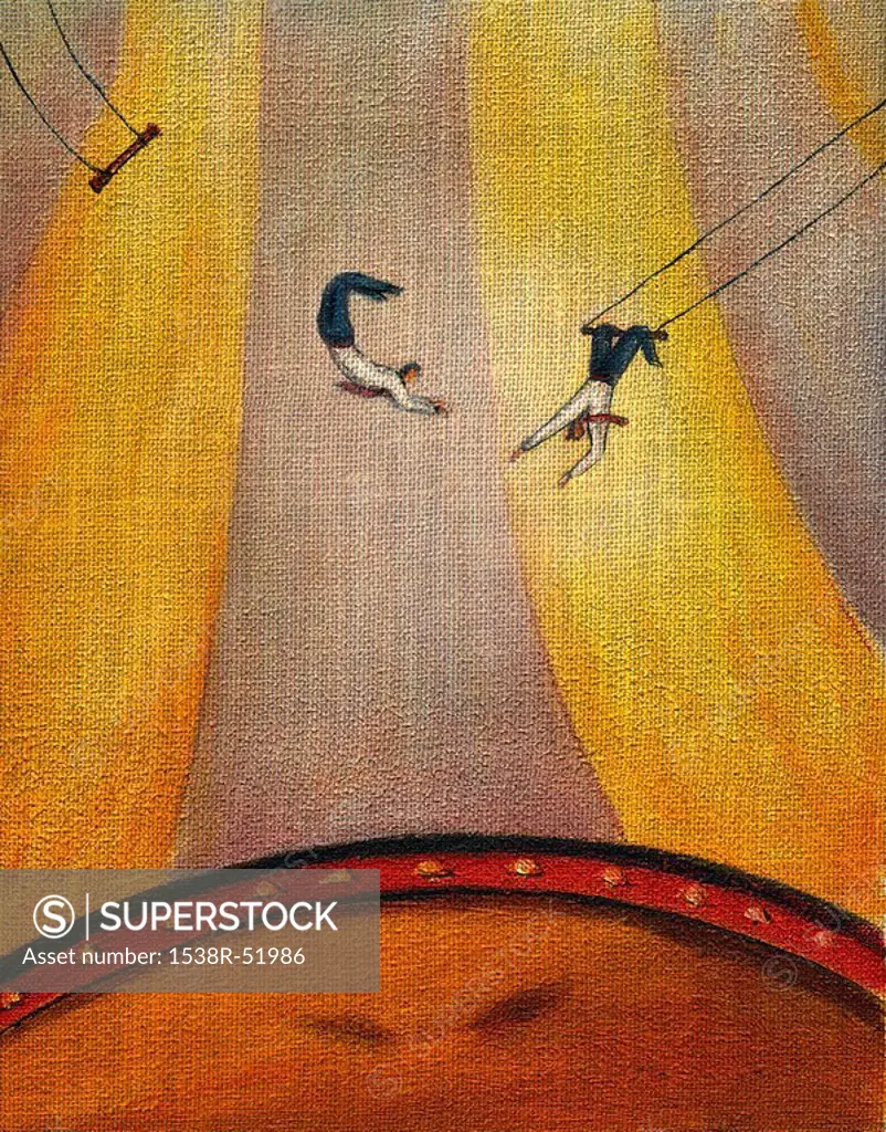 Two businessmen swinging from a trapeze