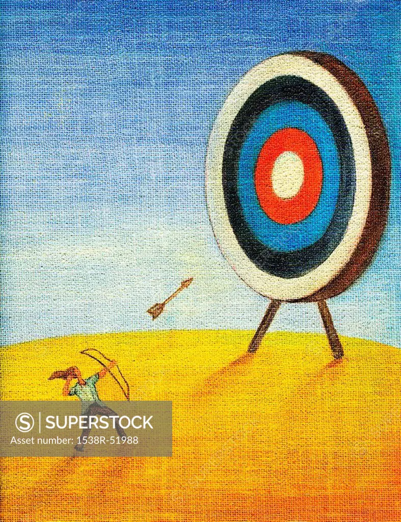 A businesswoman shooting a bow and arrow at a dart board