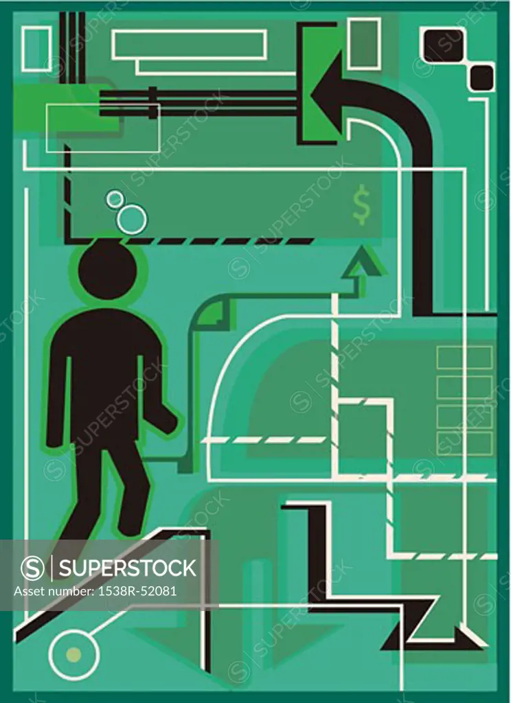 A drawing of a man climbing the corporate ladder on a green background