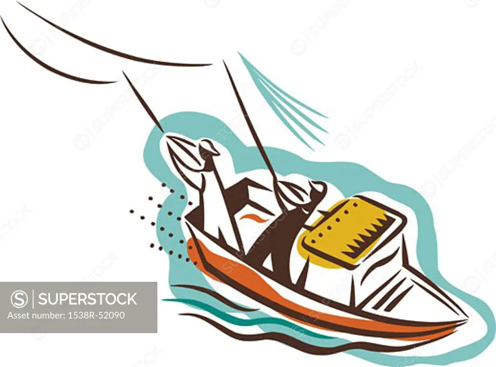 Two people on a boat catching fish