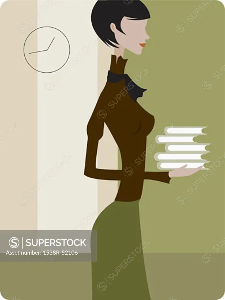 Profile of a woman holding a stack of books