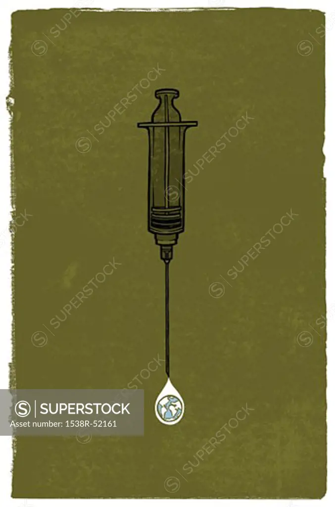 A syringe with a drip of medicine that has a globe in it