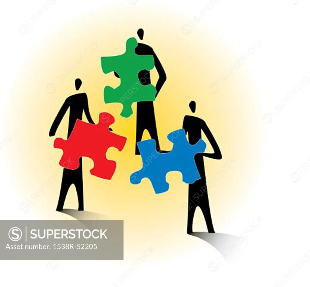 Three people holding puzzle pieces