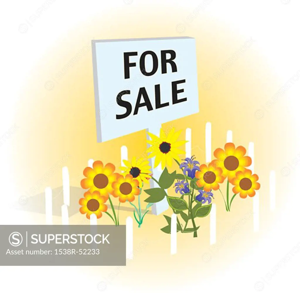 For sale sign near flowers