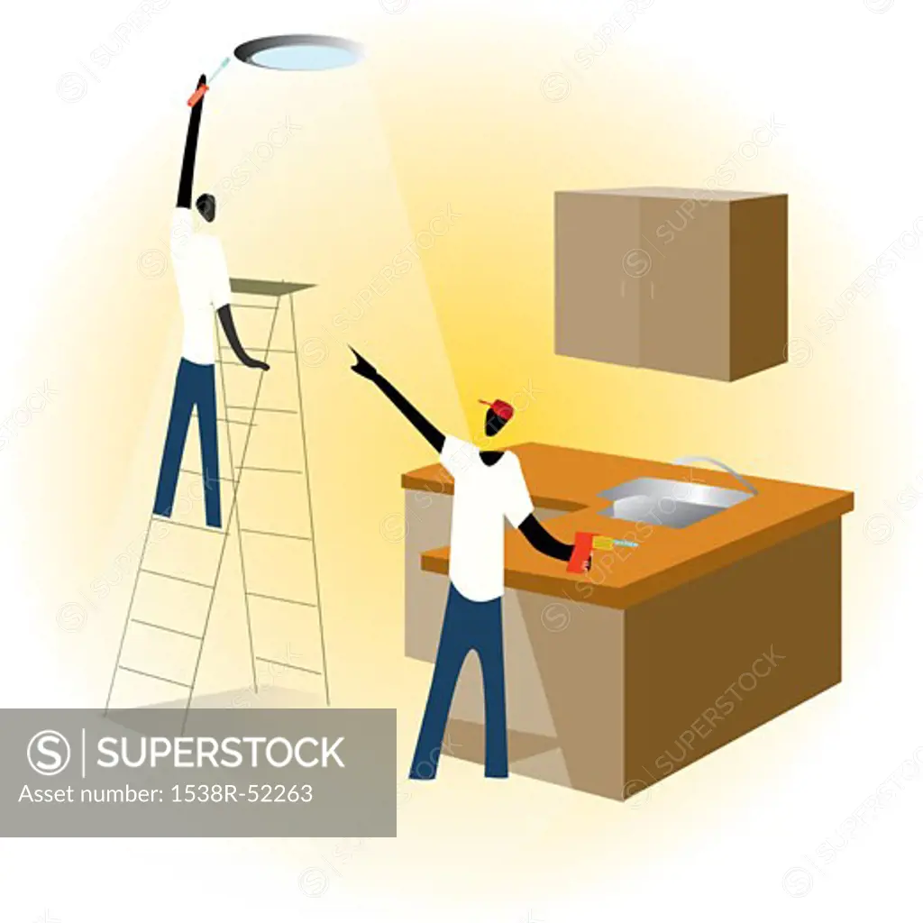 Two men installing lights and kitchen cabinets