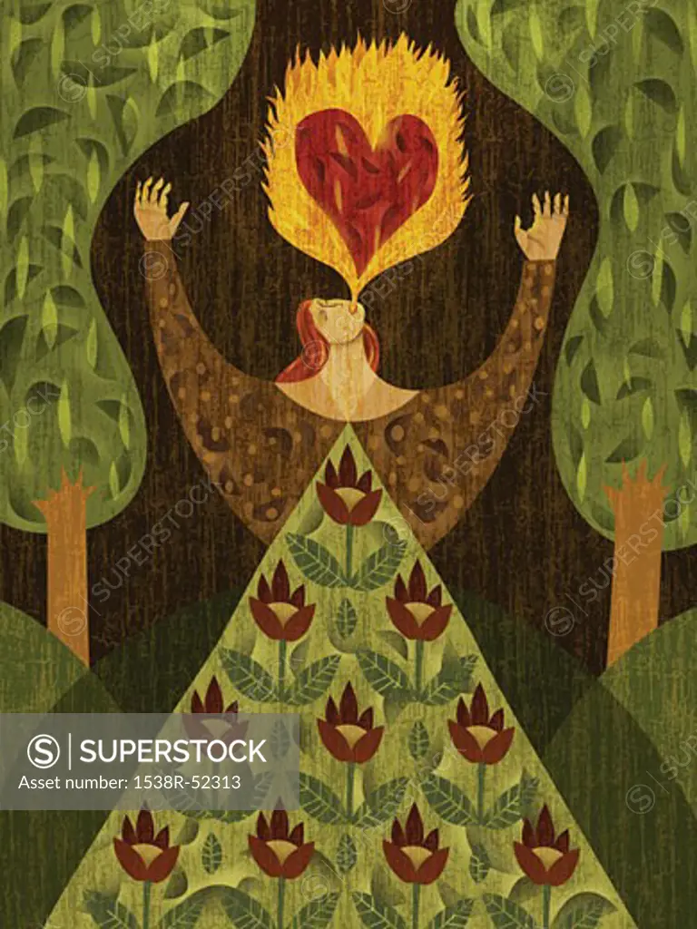 A woman in a forest, breathing fire with heart-shape in it