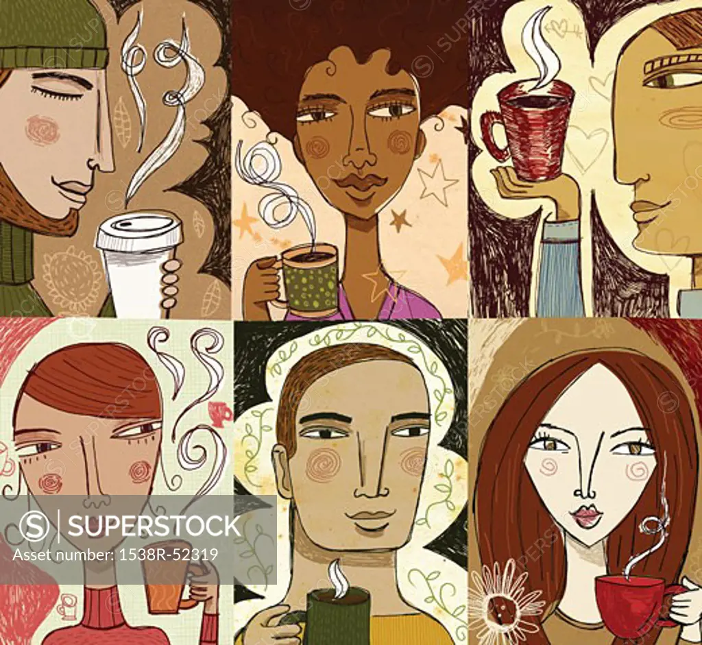 Collage of six people enjoying coffee