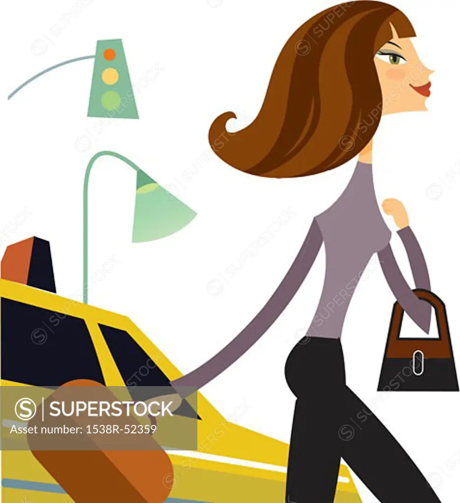 a woman holding a briefcase while stepping away from a taxi