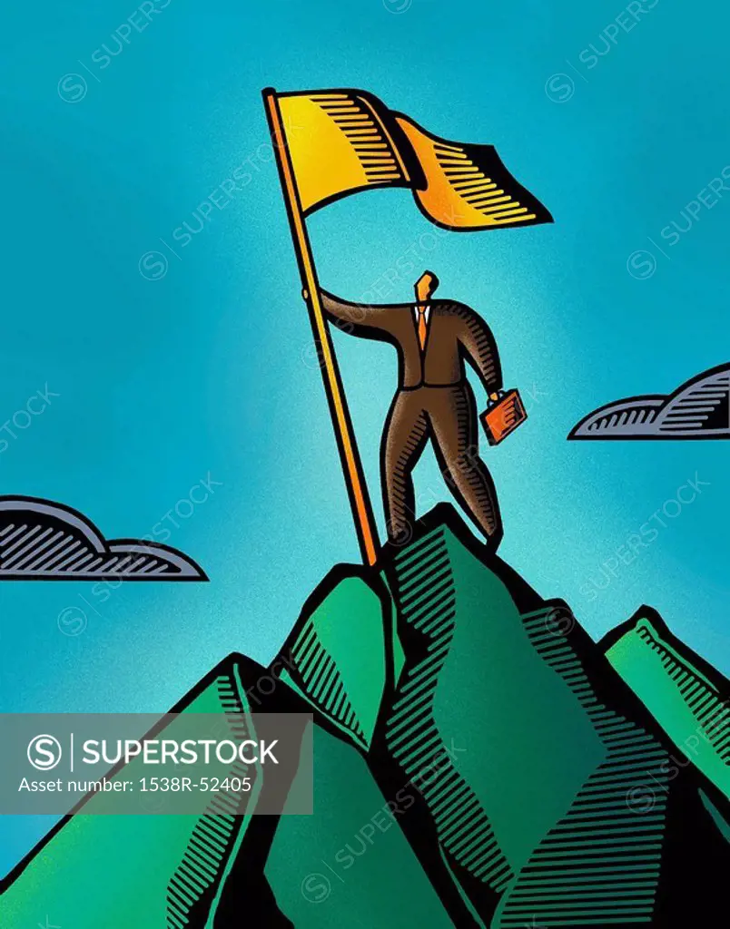 A man planting a flag at the summit of a mountain