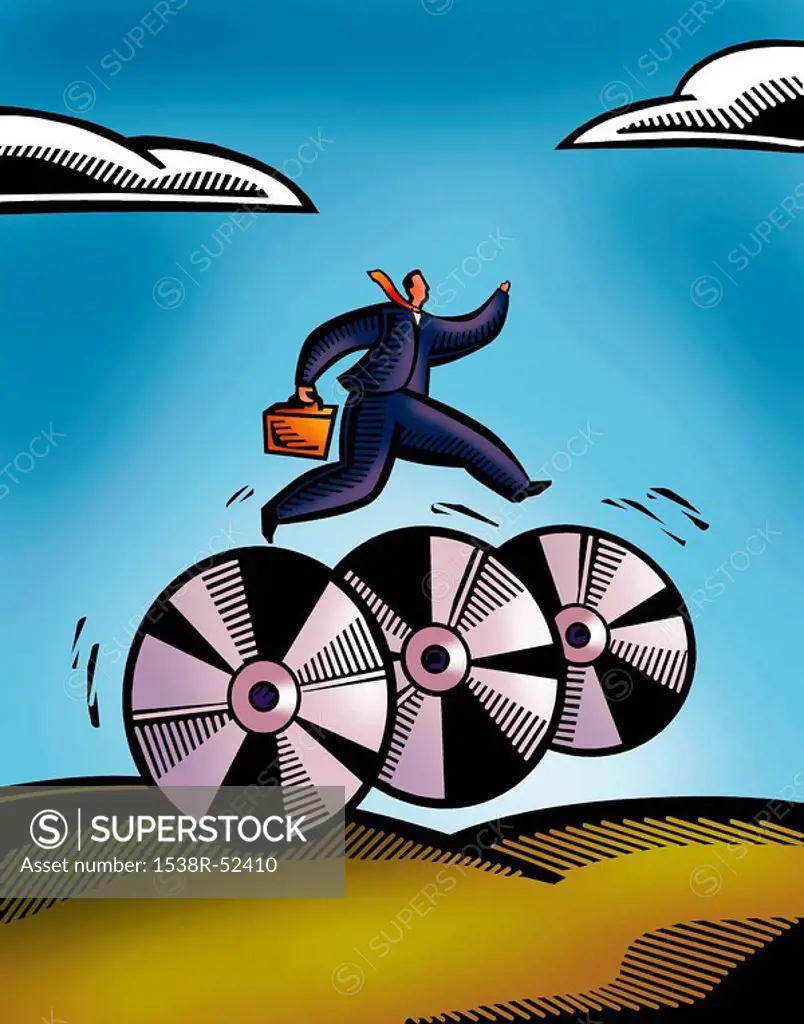 A picture of a business man rushing on wheels