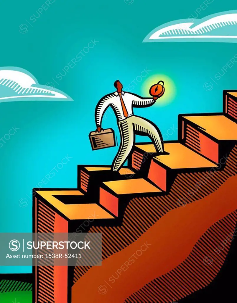 A business man climbing a flight of stairs