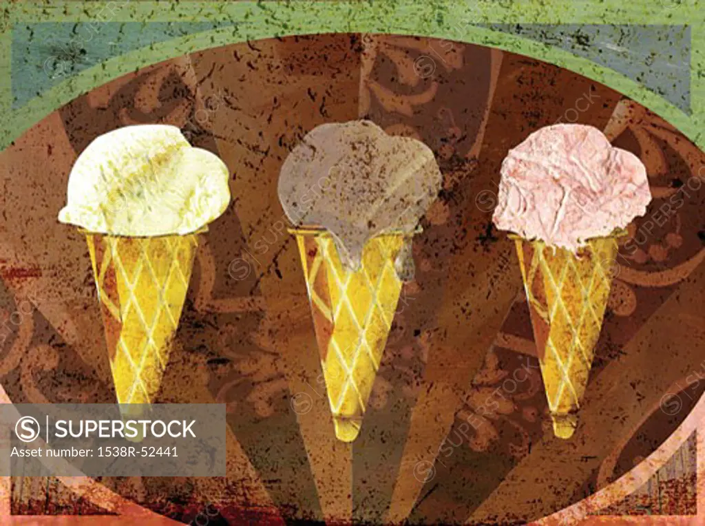 Three ice-cream cones in vanilla, chocolate and strawberry flavors