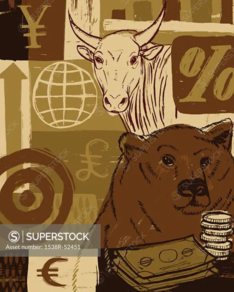A bear and a bull with currency symbols in the background