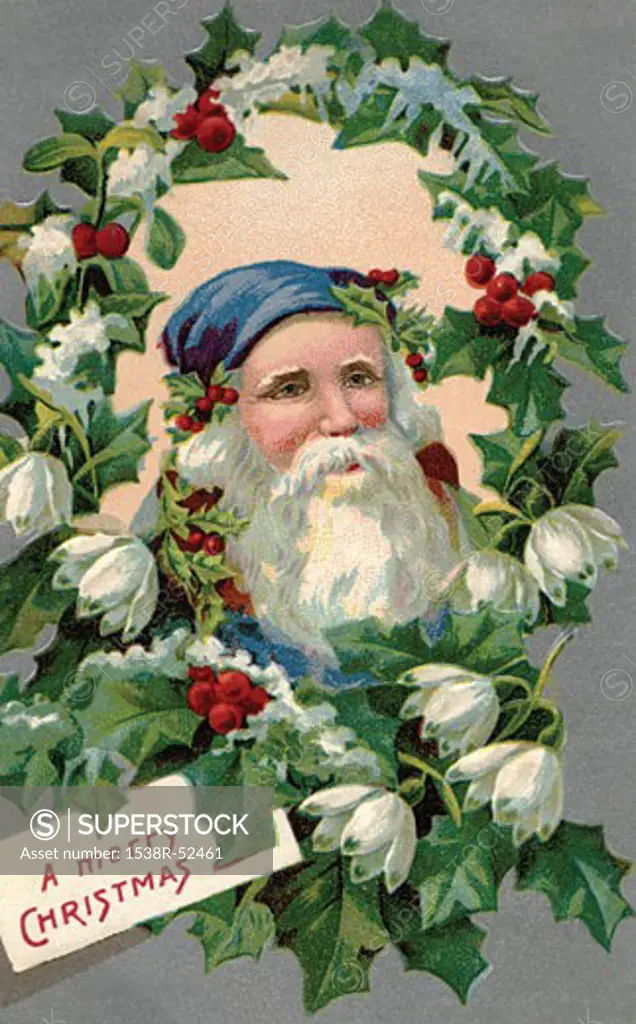 Vintage Christmas postcard of Santa Claus wearing a blue hat while peering from a wreath