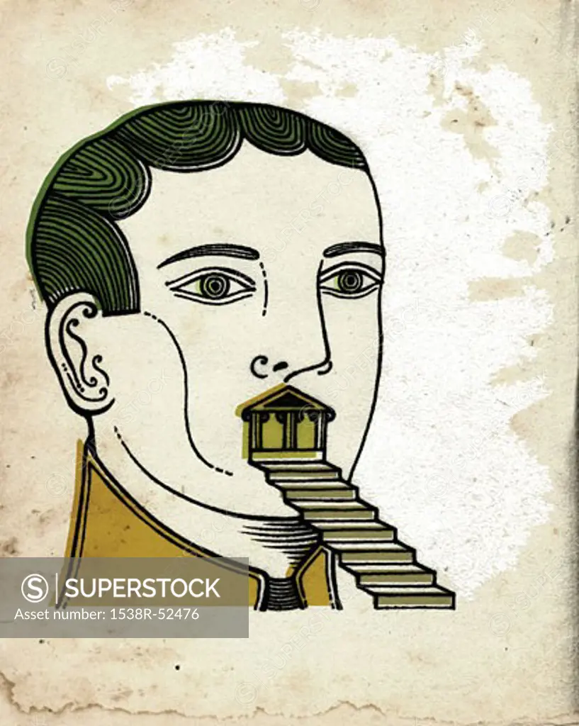 A man with a set of stairs coming out of his mouth