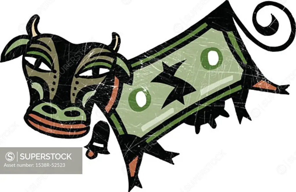 A cow with a dollar bill for body