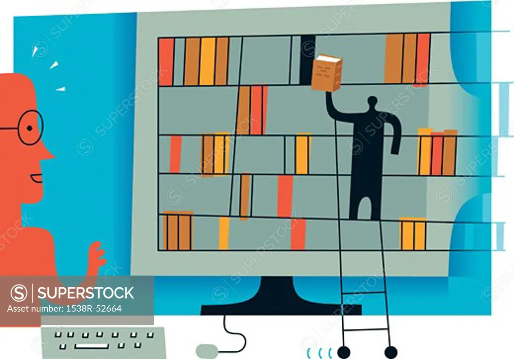 A computer screen with bookshelves and a man on ladder leaning against it to symbolize an online librarian