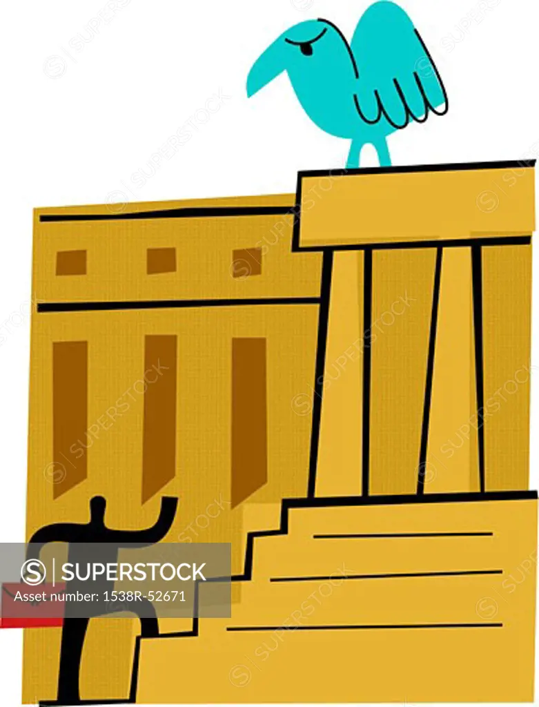 Silhouette of a man climbing the steps to the government building with an eagle on top