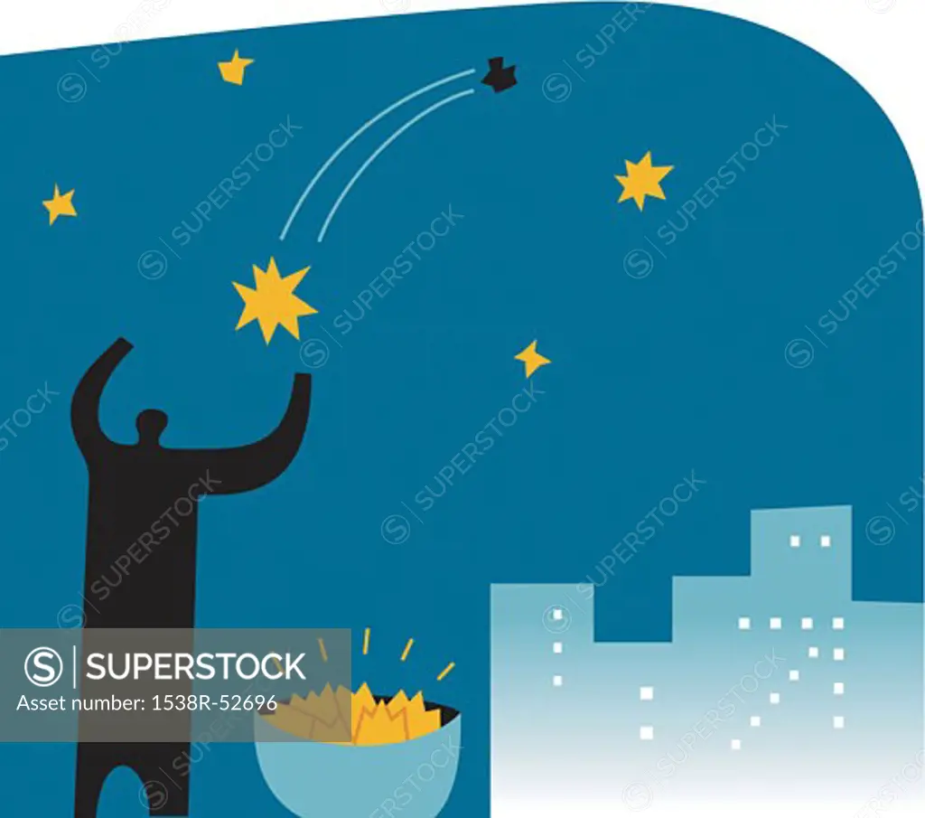 Silhouette of a man collecting falling stars
