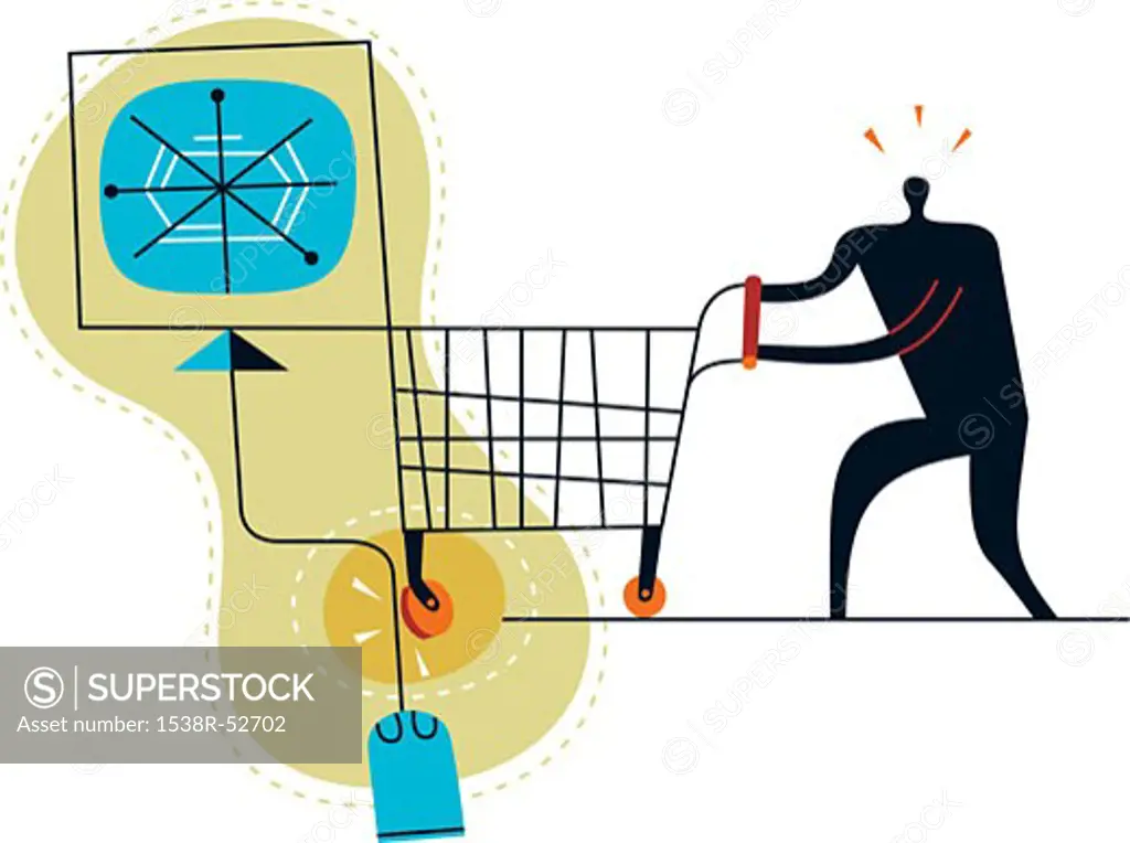 Silhouette of a man with shopping cart encountering a speed bump