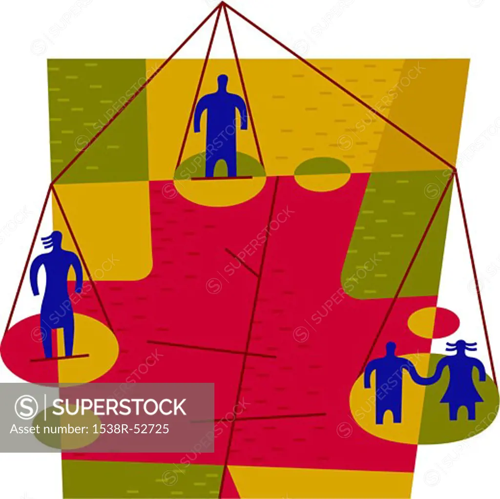 People standing on a three-panned scale depicting the balancing of family
