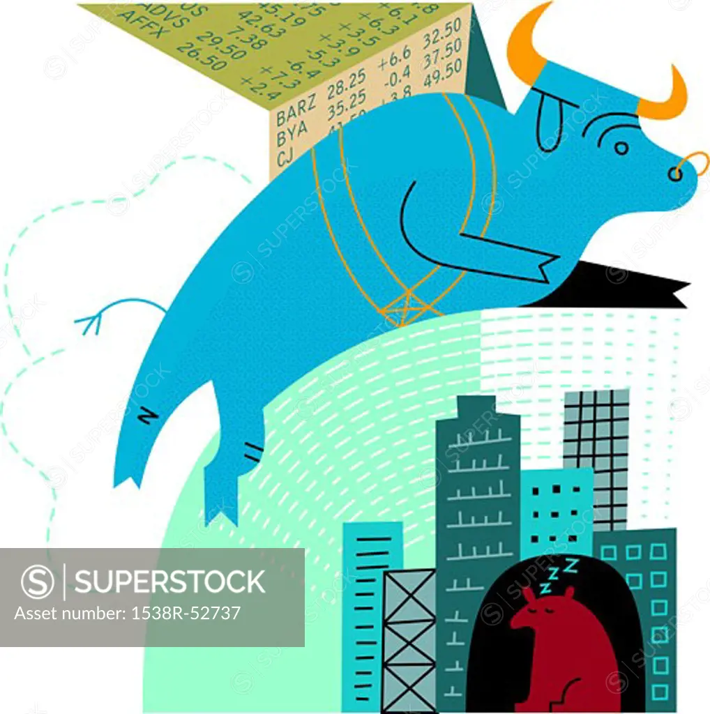 A bull leaping over a sleeping bear, signifying a bull market