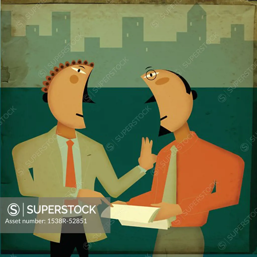 Two businessmen discussing documents