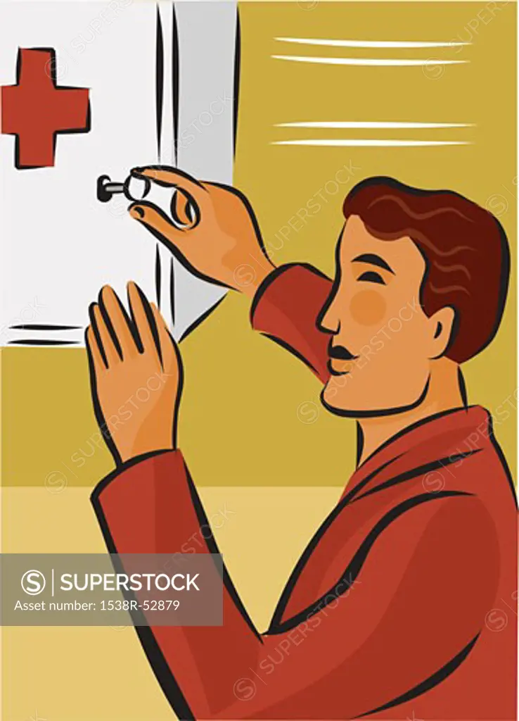 Man opening first aid kit with key