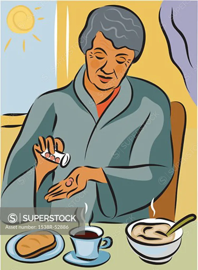 Elderly woman taking her medication with her meal