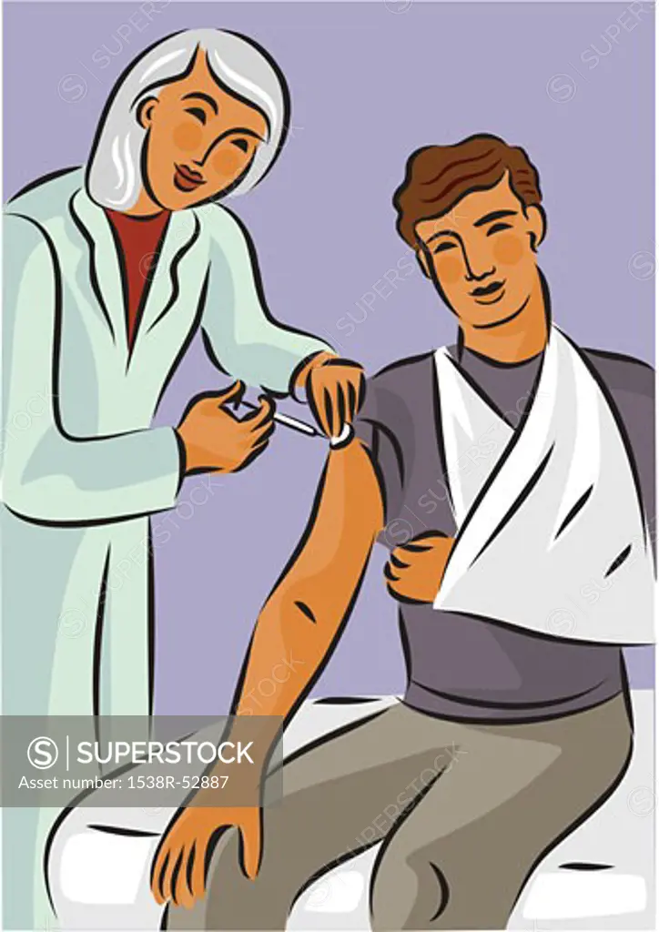 Doctor giving a needle shot to a man with a broken arm in a sling