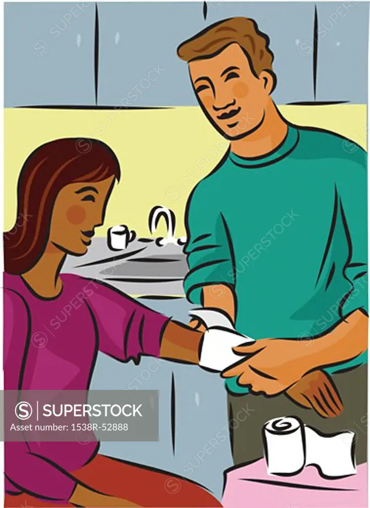 Man bandaging a womans injured arm with gauze