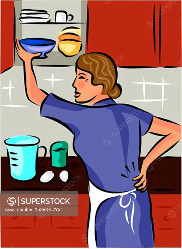 Woman holding her back while putting dishes away in the cupboard