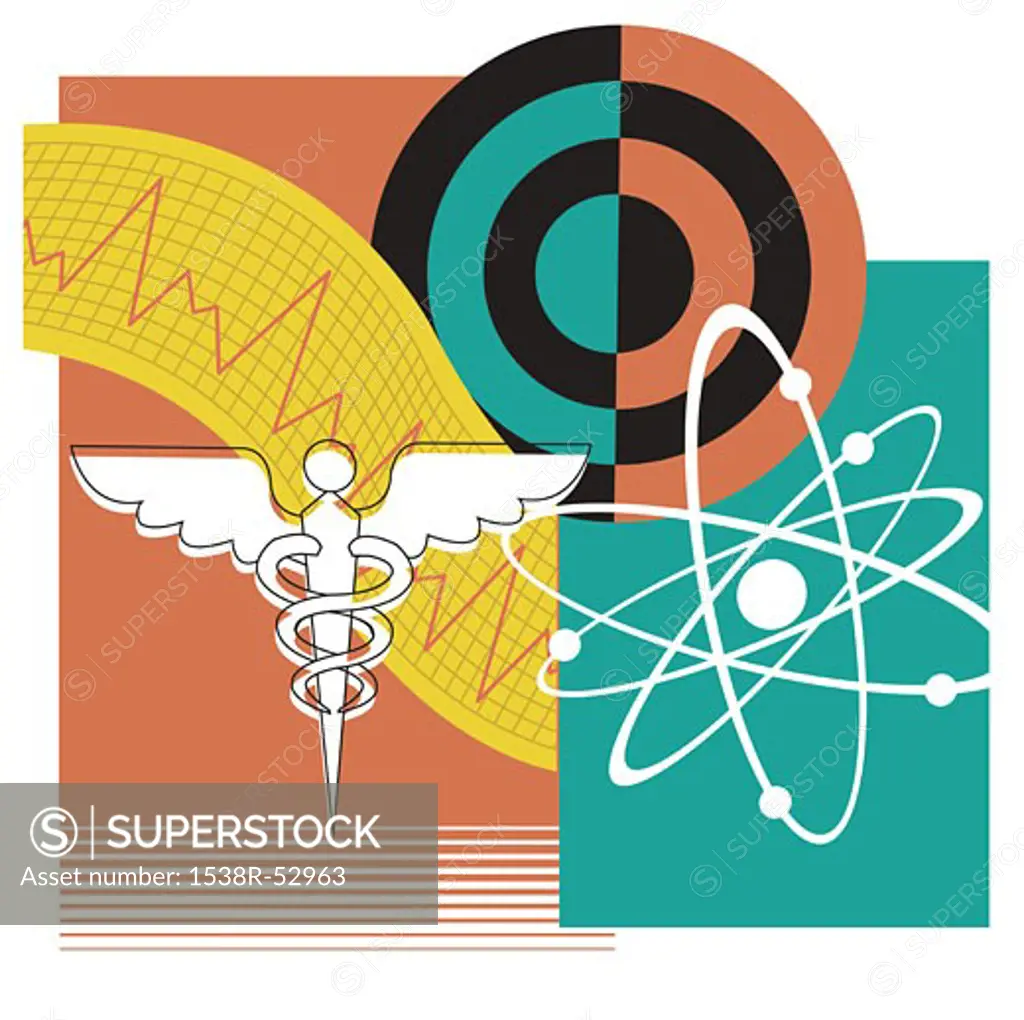 A collage with a caduceus and an atom