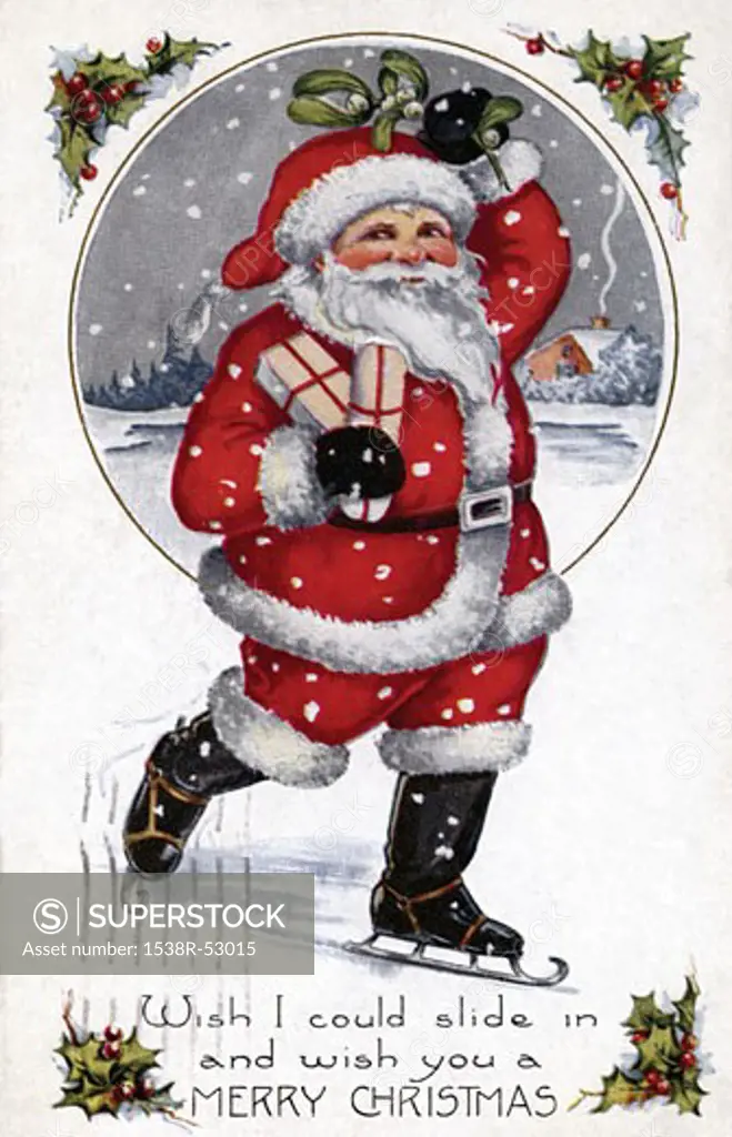 Vintage Christmas postcard of Santa ice skating while holding presents