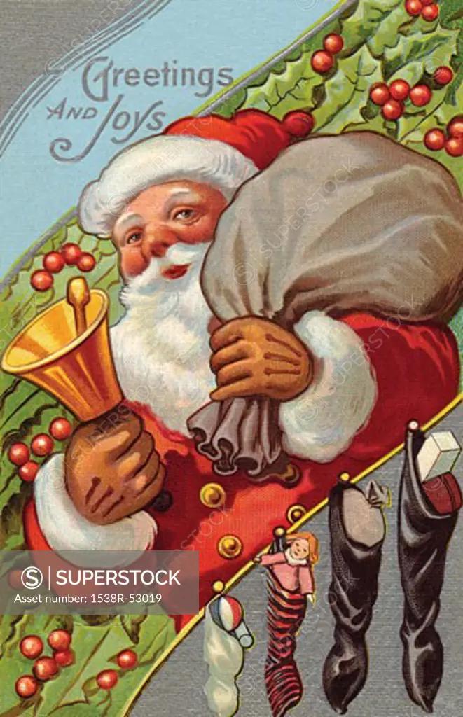 Vintage Christmas postcard of Santa Claus ringing a bell while carrying a sack of presents