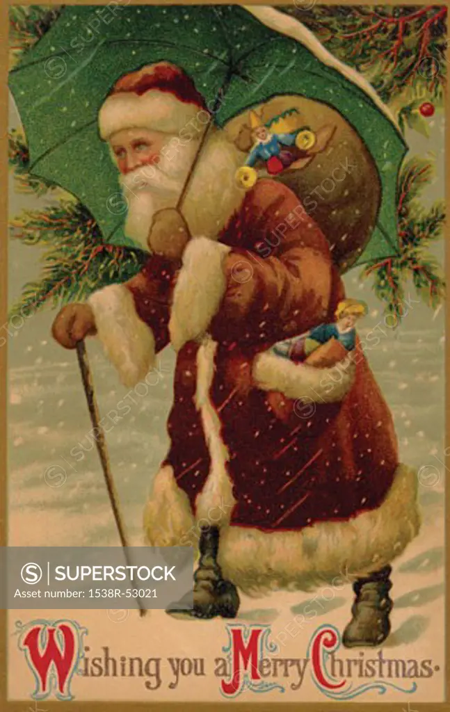 Vintage Christmas postcard of Santa Claus walking in the snow with an umbrella over his head as he carries a sack of gifts